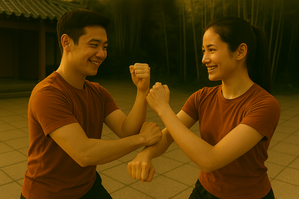 一對年輕男女在陽光下進行詠春黐手對練，動